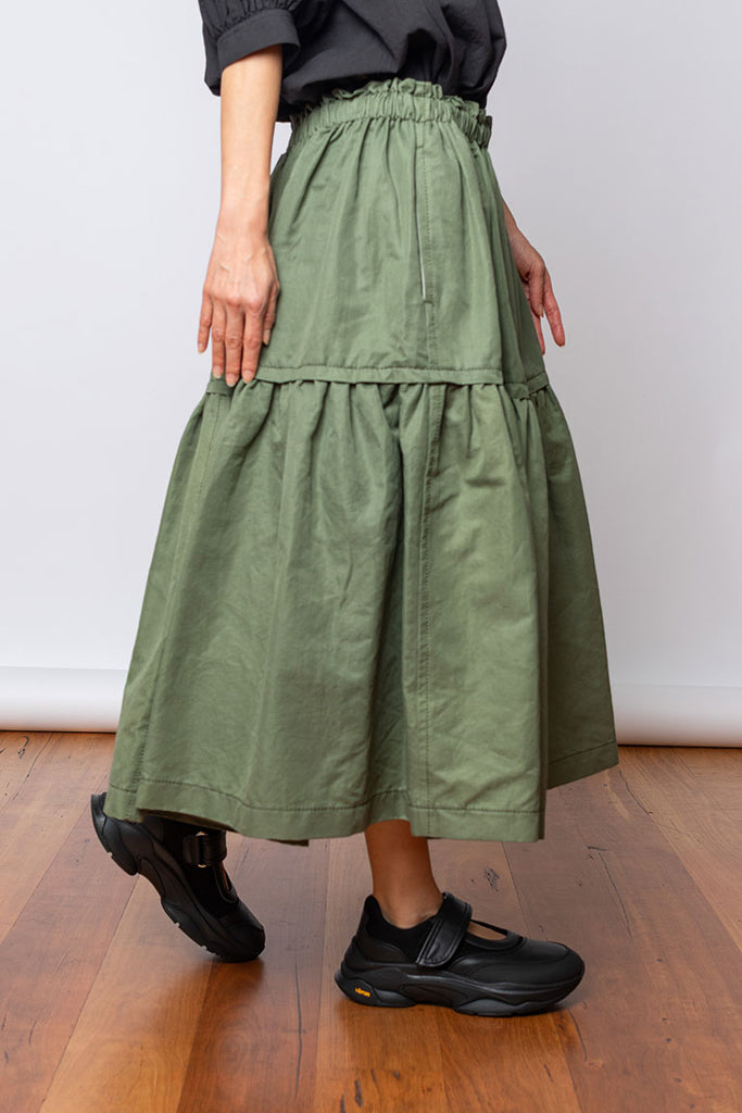 Tiered Cotton Linen Skirt - Khaki