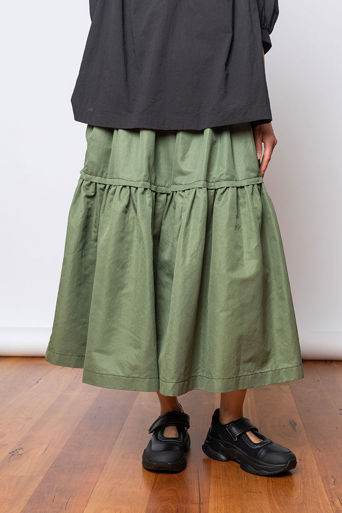 Tiered Cotton Linen Skirt - Khaki