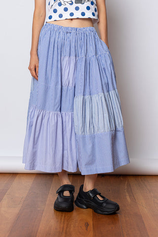 Tiered Patchwork Stripe Skirt - Blue/White
