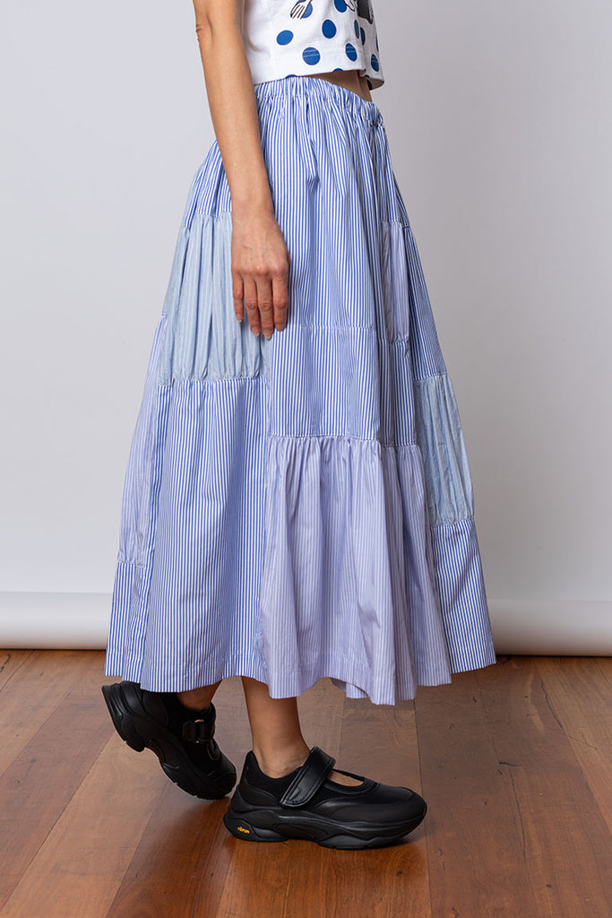 Tiered Patchwork Stripe Skirt - Blue/White
