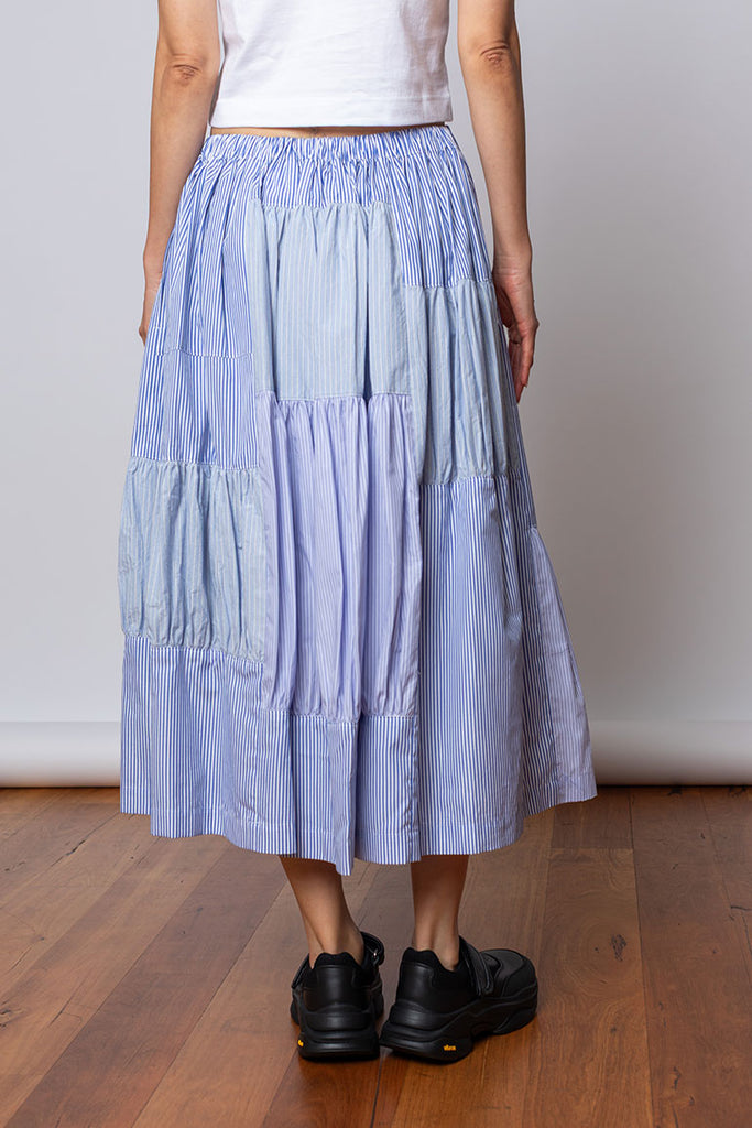 Tiered Patchwork Stripe Skirt - Blue/White