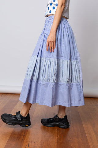 Tiered Patchwork Stripe Skirt - Blue/White