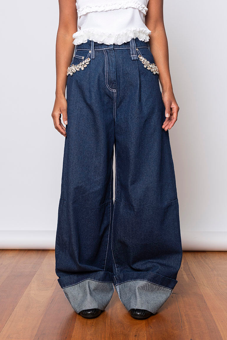 【SIMONE ROCHA】ネイビー Turbo Embellished Puddle ジーンズ Simone Rocha Turbo Embellished Puddle Jeans - Indigo/Clear