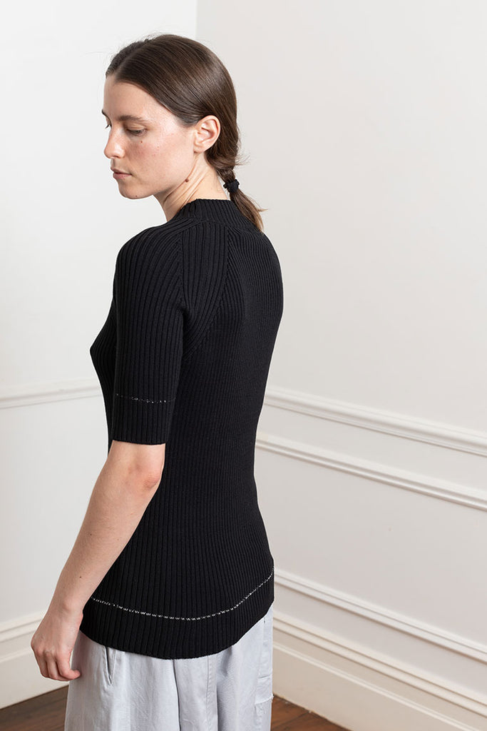 Twisted Half Sleeve Rib Pullover - Black