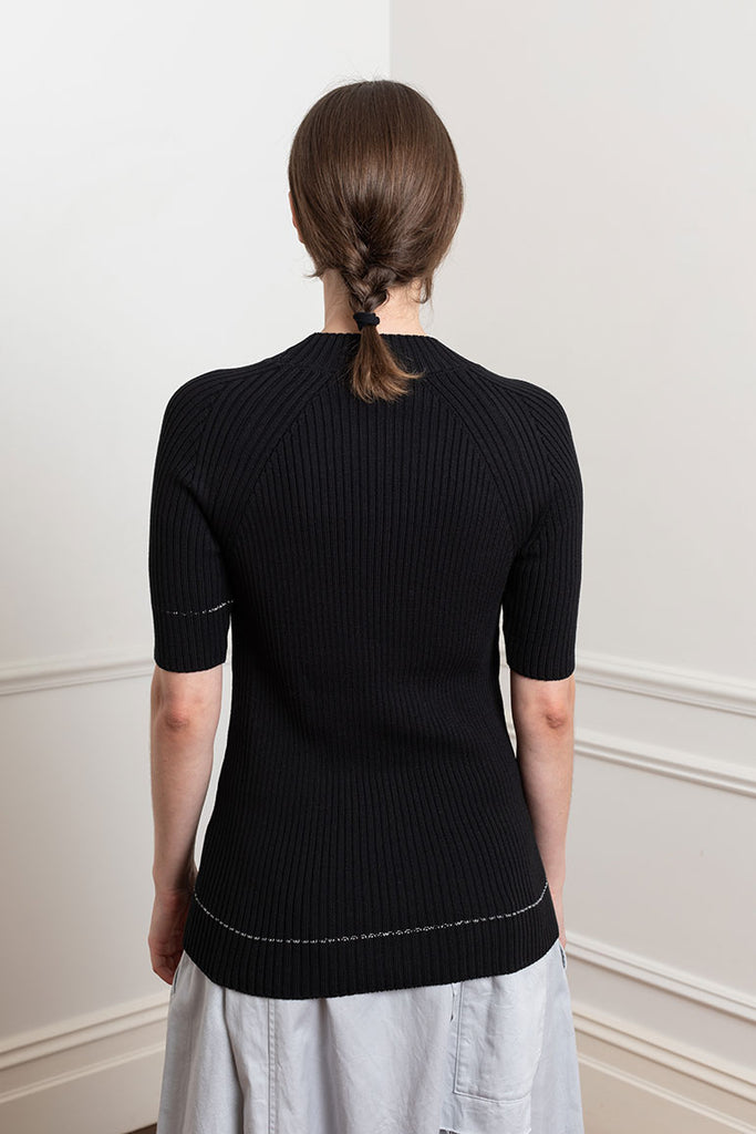 Twisted Half Sleeve Rib Pullover - Black