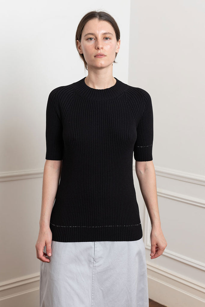 Twisted Half Sleeve Rib Pullover - Black