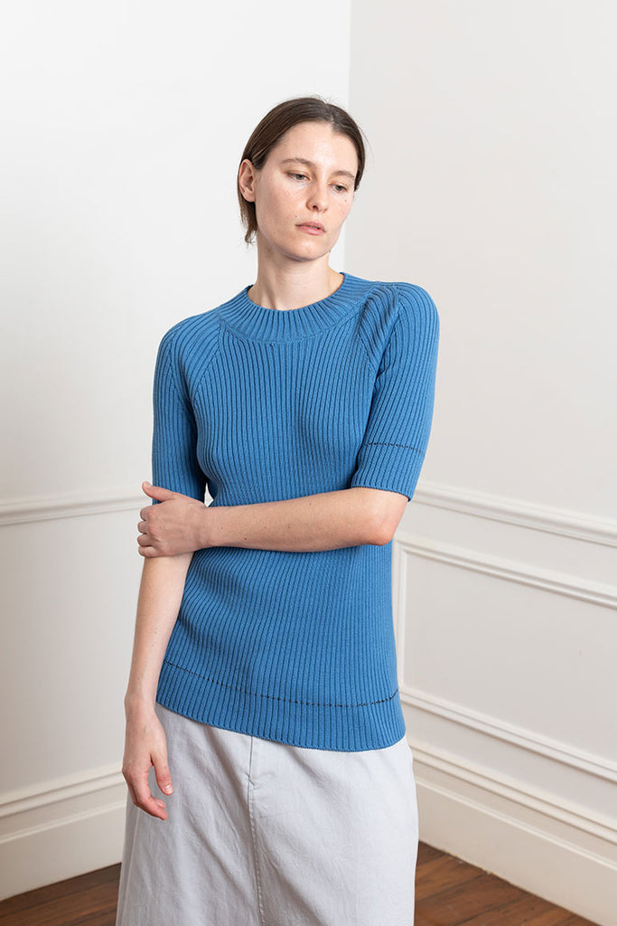 Twisted Half Sleeve Rib Pullover - Blue