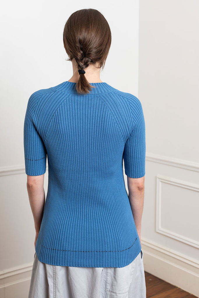 Twisted Half Sleeve Rib Pullover - Blue