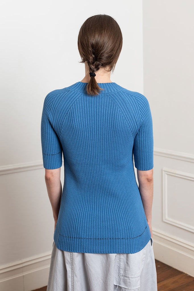 Twisted Half Sleeve Rib Pullover - Blue