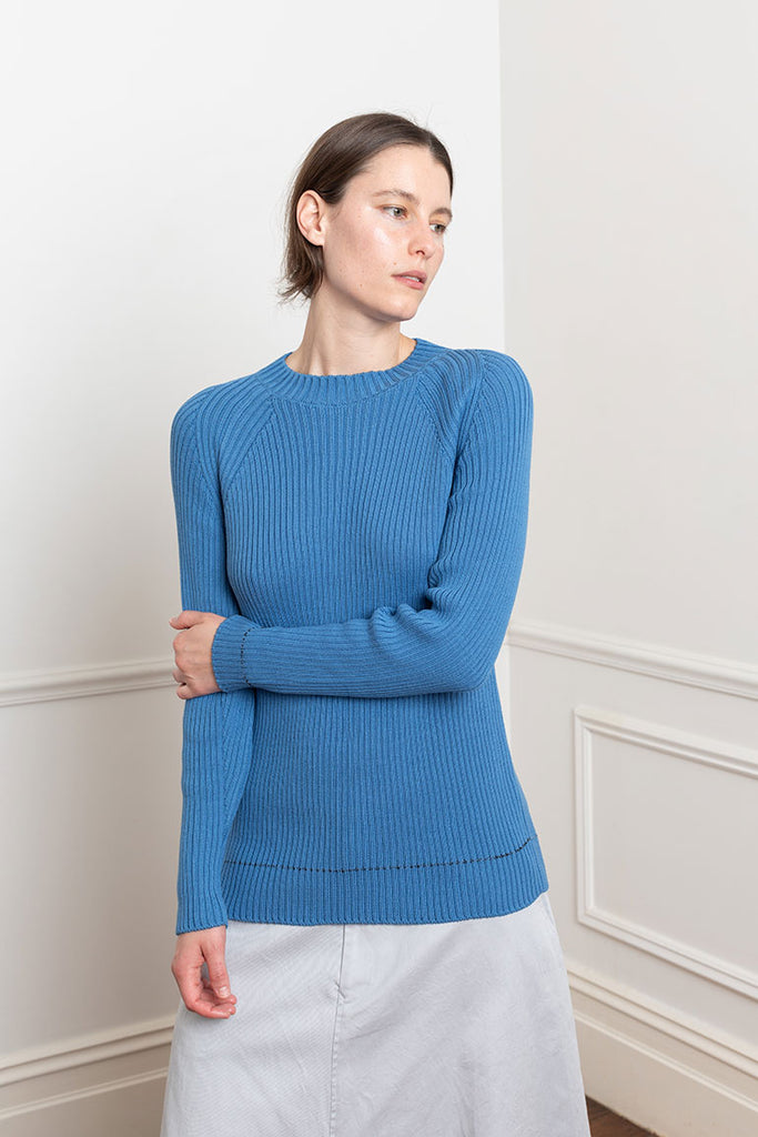 Twisted Long Sleeve Rib Pullover - Blue