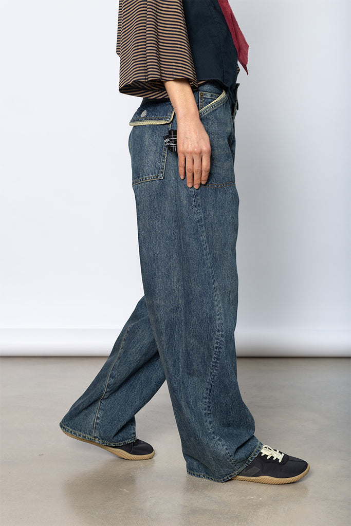 Contrast Trimmed Denim Workwear Pants - Indigo