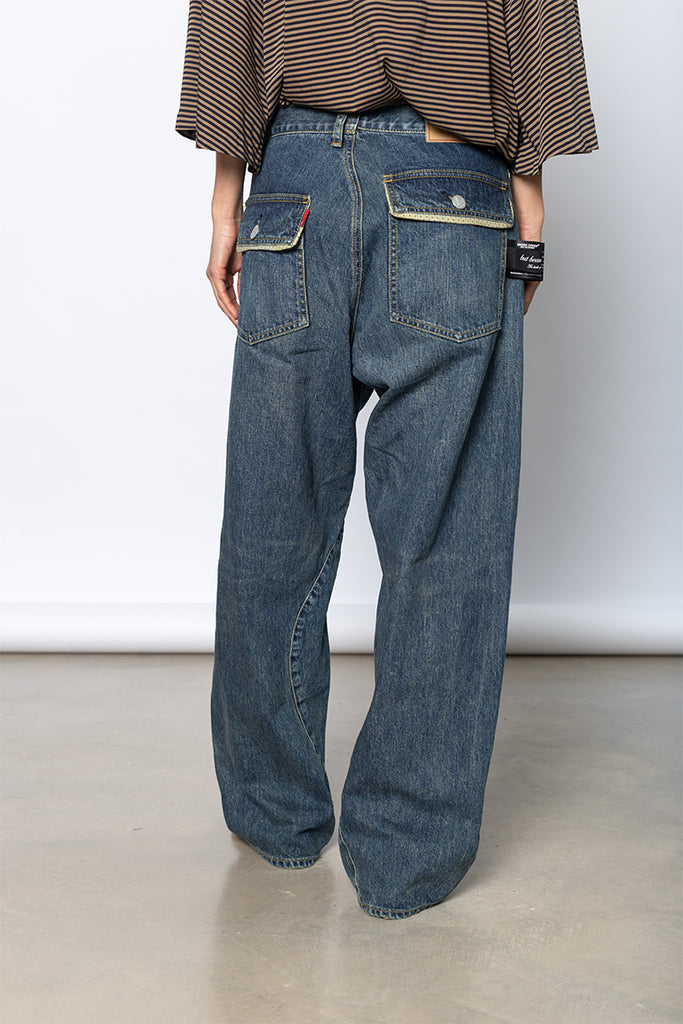 Contrast Trimmed Denim Workwear Pants - Indigo