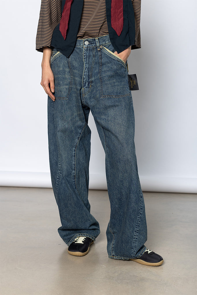 Contrast Trimmed Denim Workwear Pants - Indigo