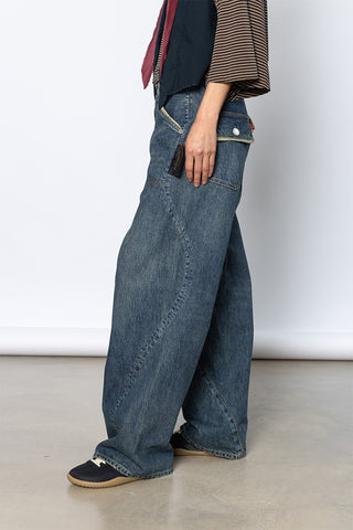 Contrast Trimmed Denim Workwear Pants - Indigo