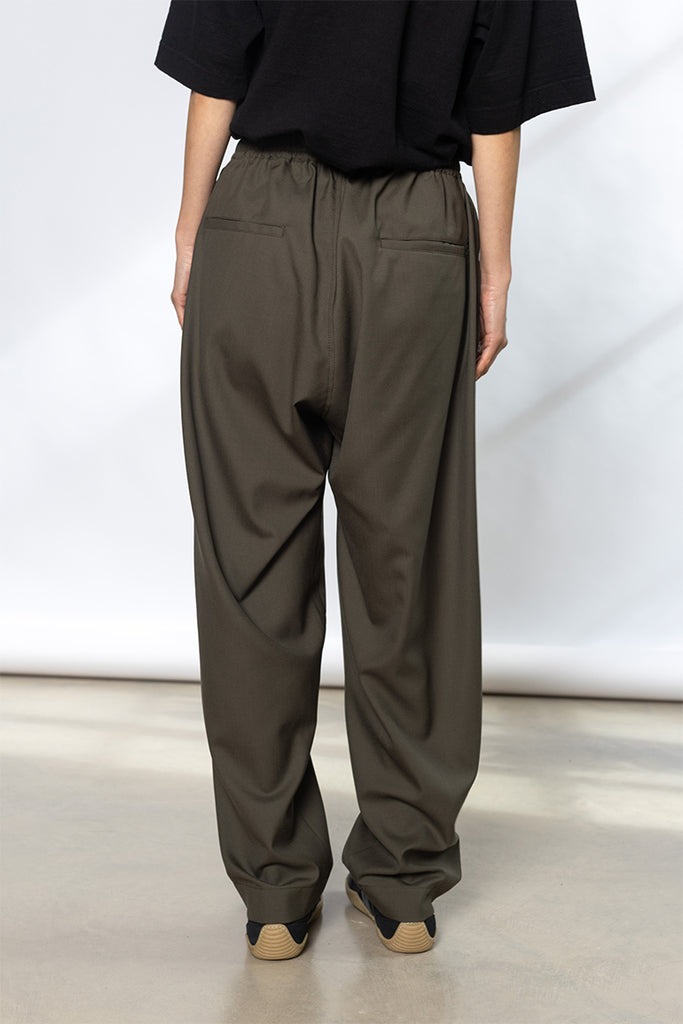 Elastic Waist Wool Blend Pants - Khaki