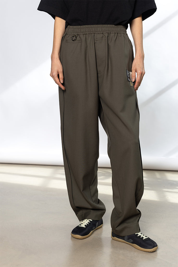 Elastic Waist Wool Blend Pants - Khaki