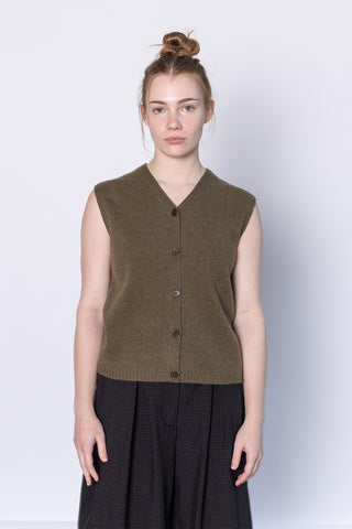 V Neck Wool Cashmere Tank - Olive Melange