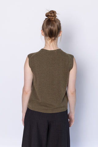 V Neck Wool Cashmere Tank - Olive Melange