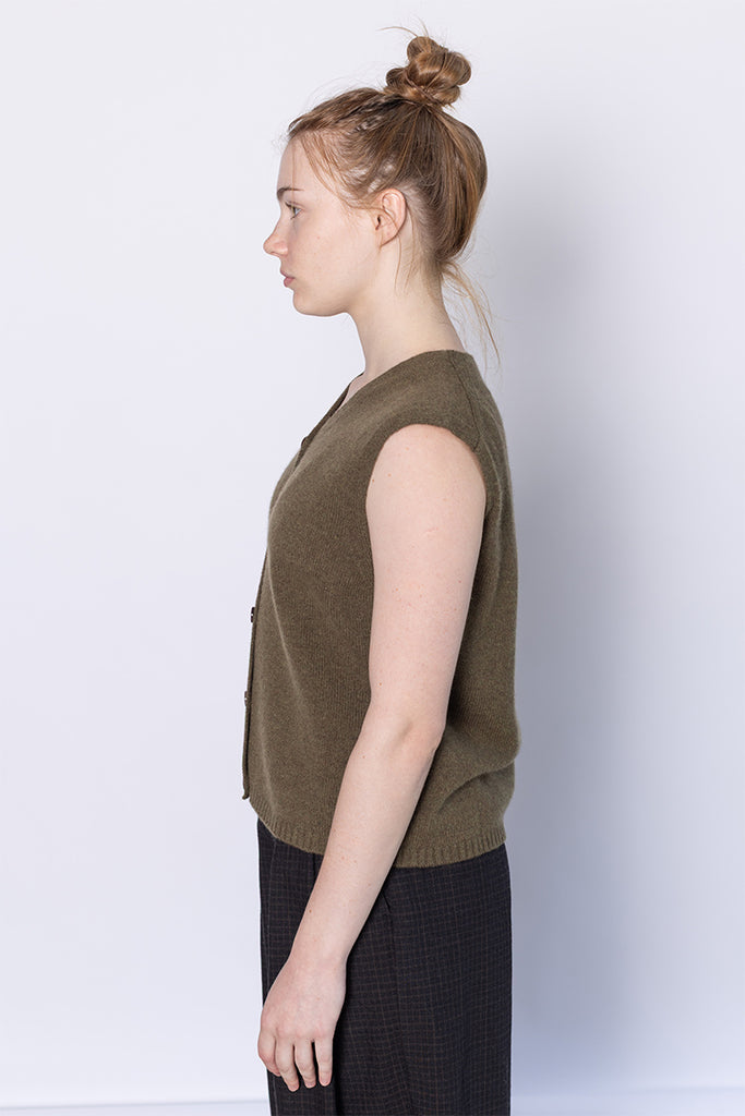 V Neck Wool Cashmere Tank - Olive Melange