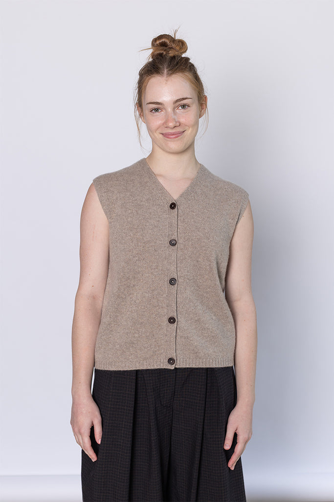 V Neck Wool Cashmere Tank - Stone Melange