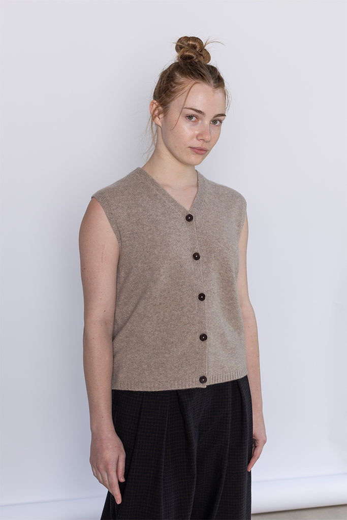 V Neck Wool Cashmere Tank - Stone Melange