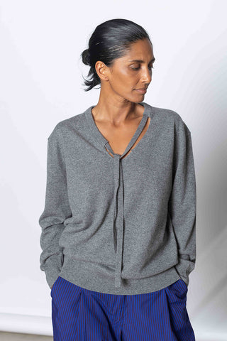 V Neck Sweater With Ties - Grey Melange