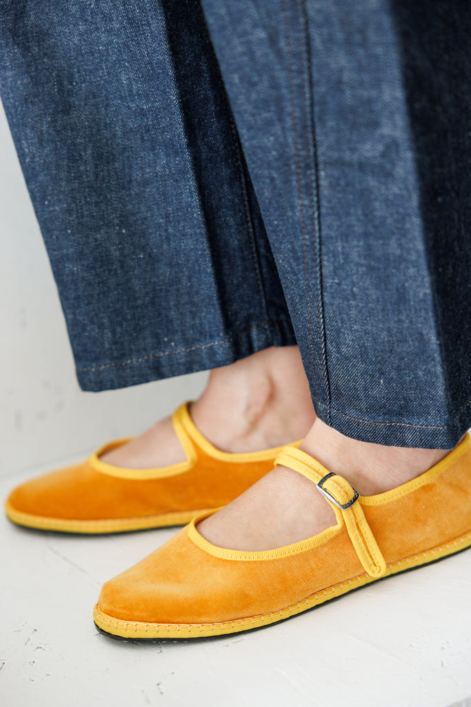 Velvet Mary Jane Slippers - Mustard