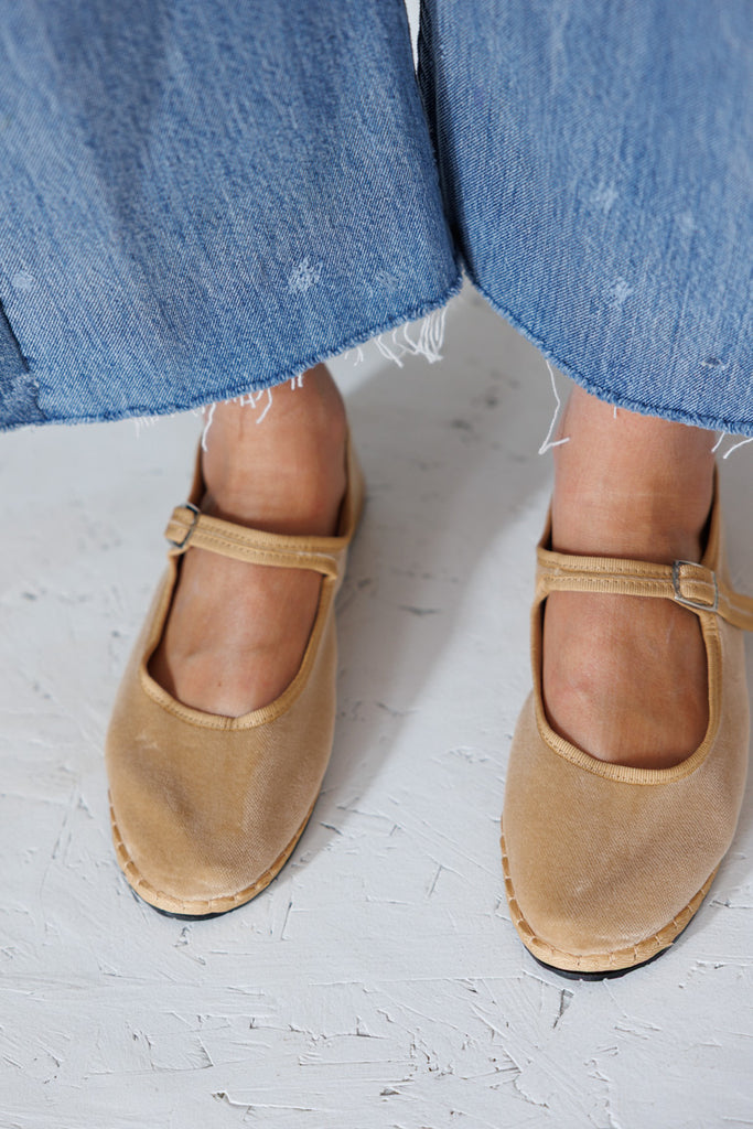 Velvet Mary Jane Slippers - Beige