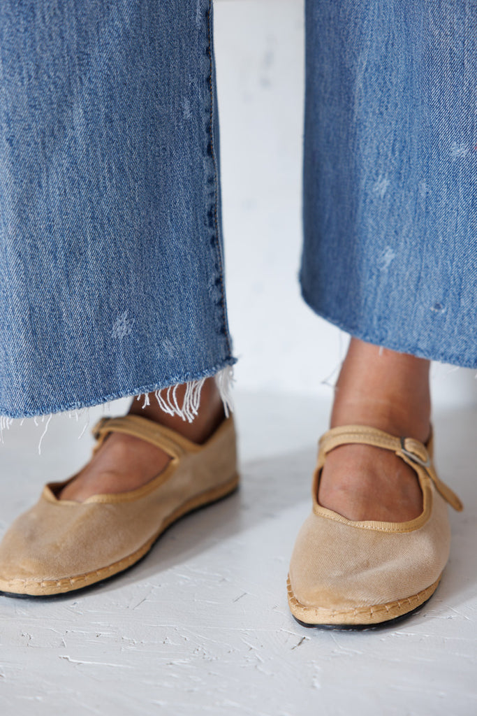 Velvet Mary Jane Slippers - Beige