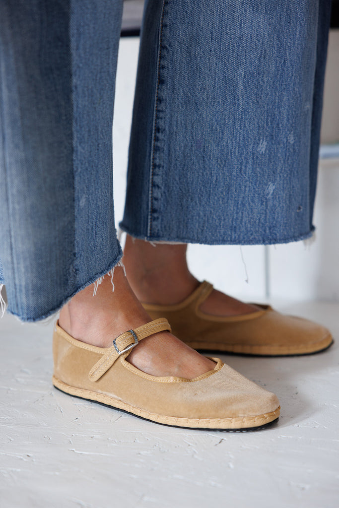 Velvet Mary Jane Slippers - Beige