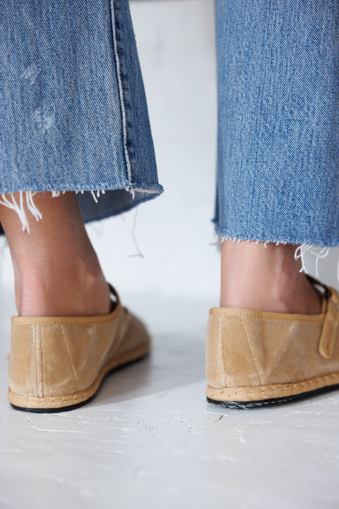 Velvet Mary Jane Slippers - Beige
