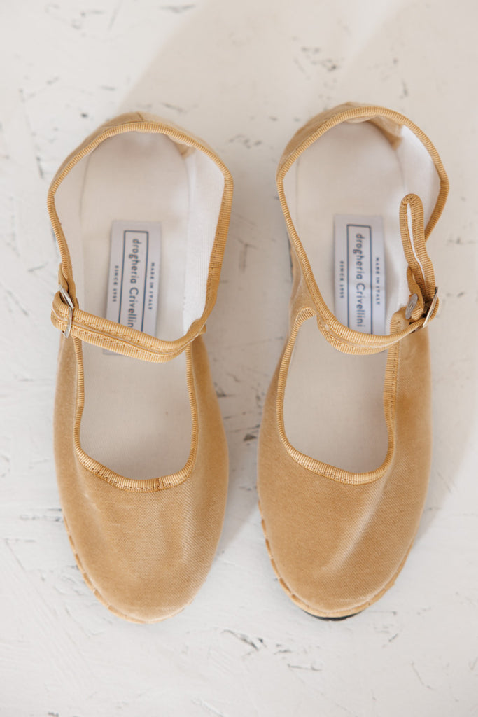 Velvet Mary Jane Slippers - Beige
