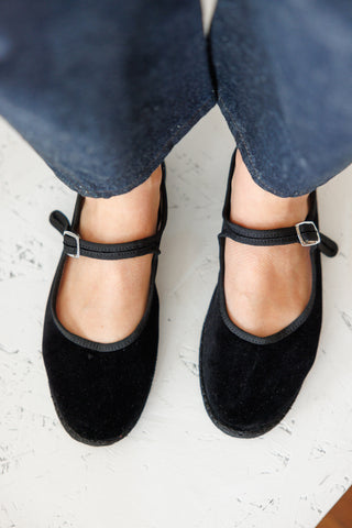 Velvet Mary Jane Slippers - Black