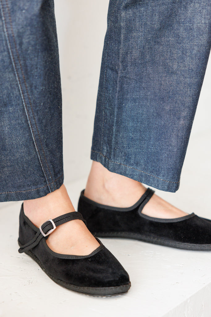 Velvet Mary Jane Slippers - Black