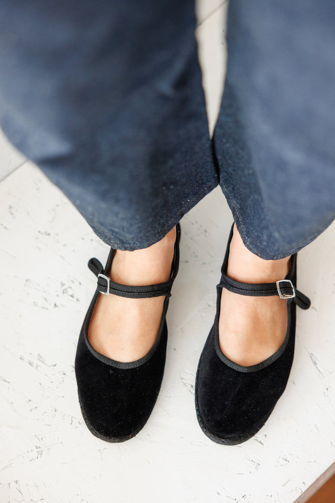 Velvet Mary Jane Slippers - Black