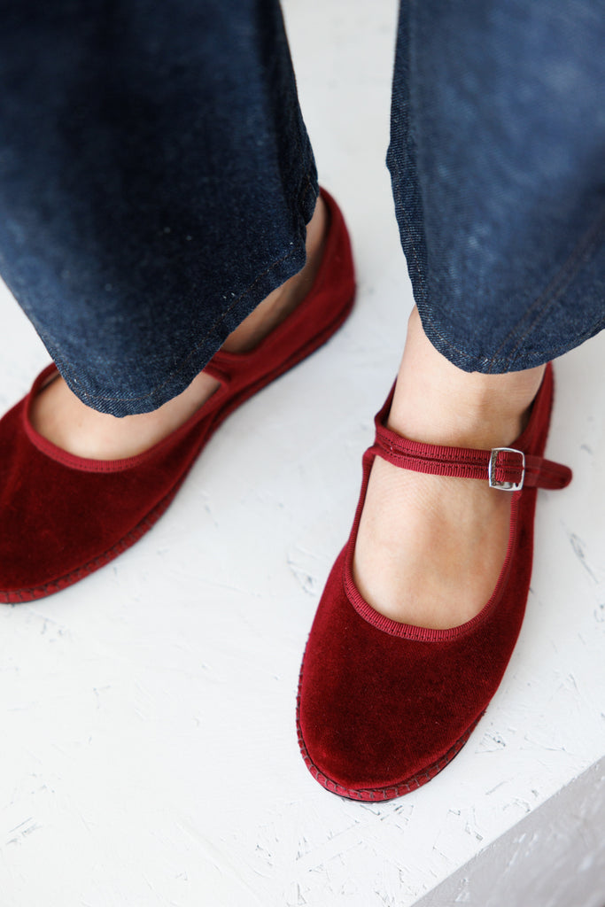 Velvet Mary Jane Slippers - Burgundy