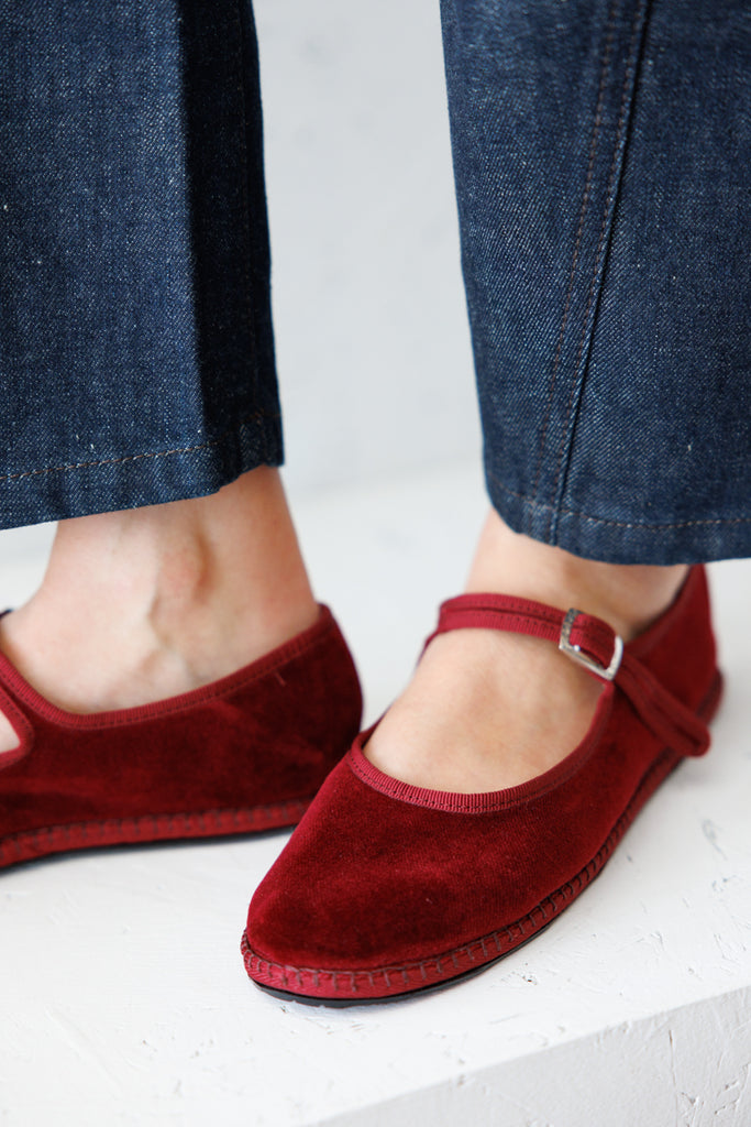 Velvet Mary Jane Slippers - Burgundy