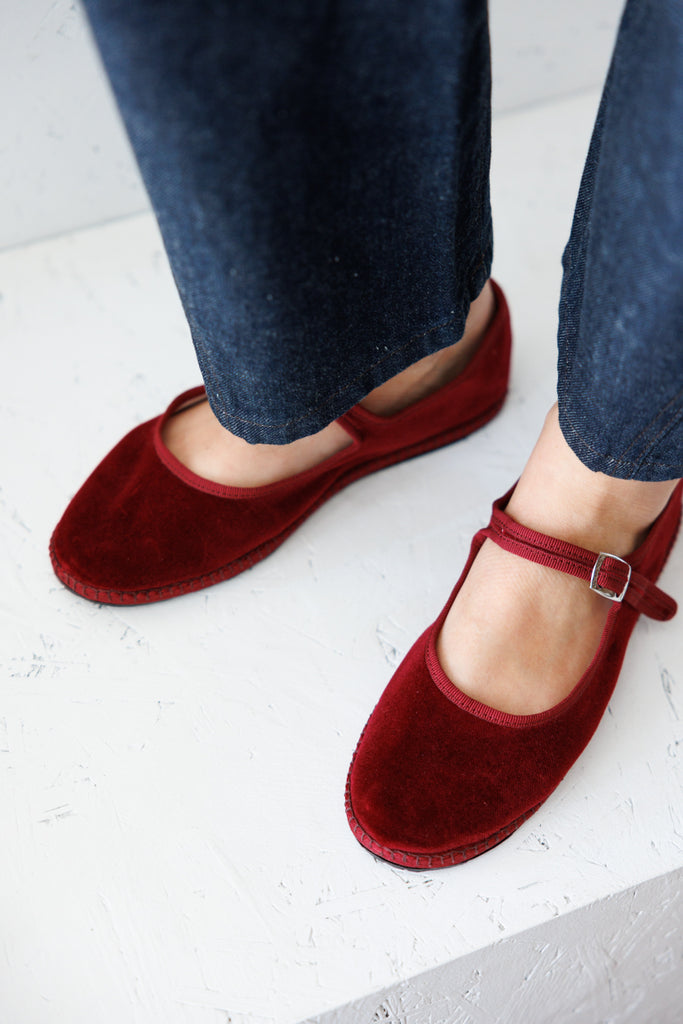 Velvet Mary Jane Slippers - Burgundy