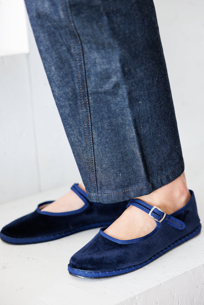 Velvet Mary Jane Slippers - Navy