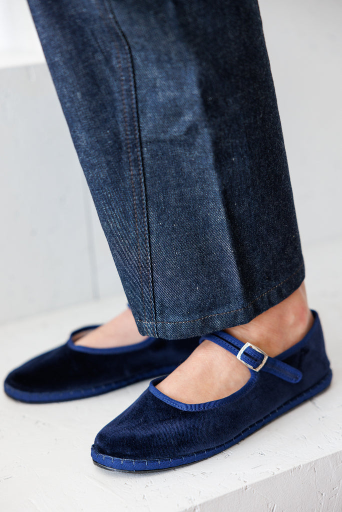 Velvet Mary Jane Slippers - Navy