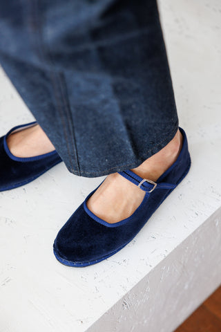 Velvet Mary Jane Slippers - Navy