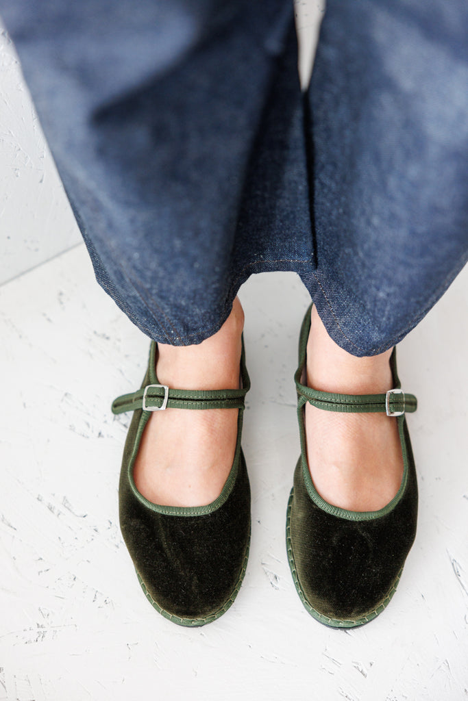 Velvet Mary Jane Slippers - Olive