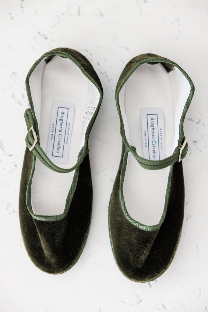 Velvet Mary Jane Slippers - Olive