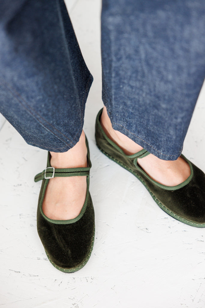 Velvet Mary Jane Slippers - Olive