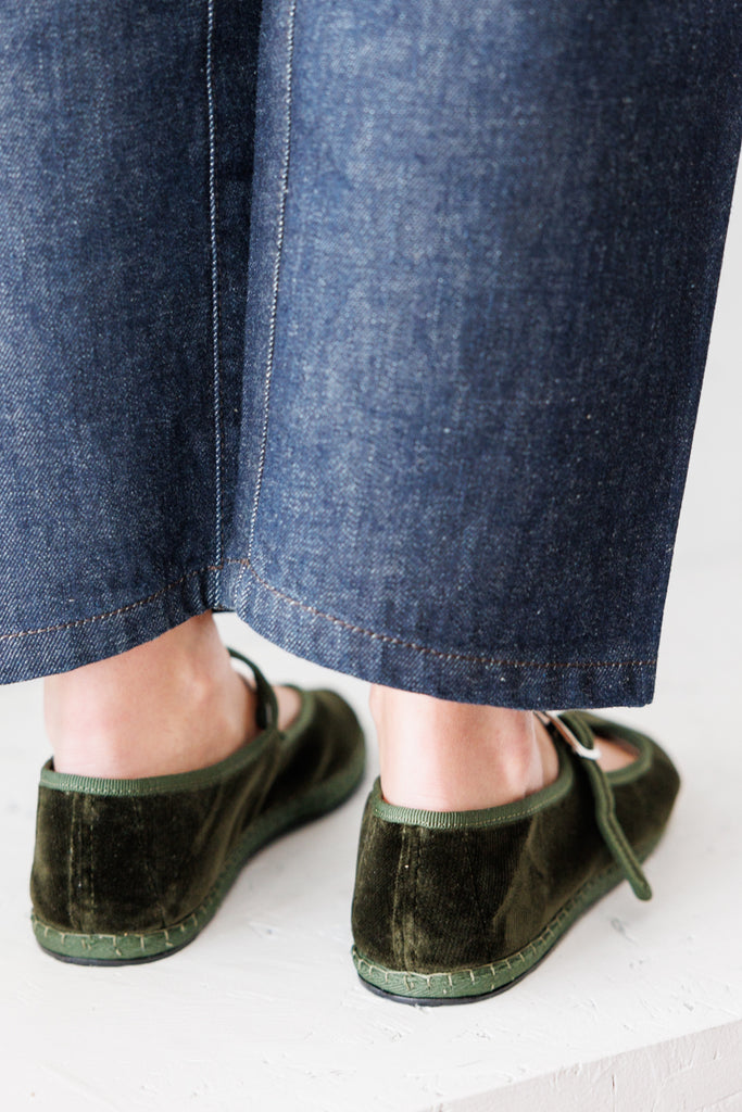 Velvet Mary Jane Slippers - Olive