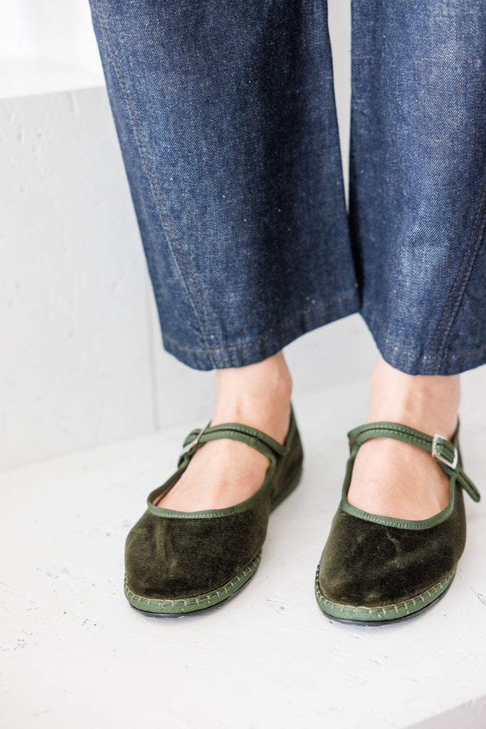 Velvet Mary Jane Slippers - Olive