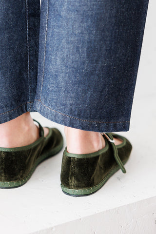 Velvet Mary Jane Slippers - Olive