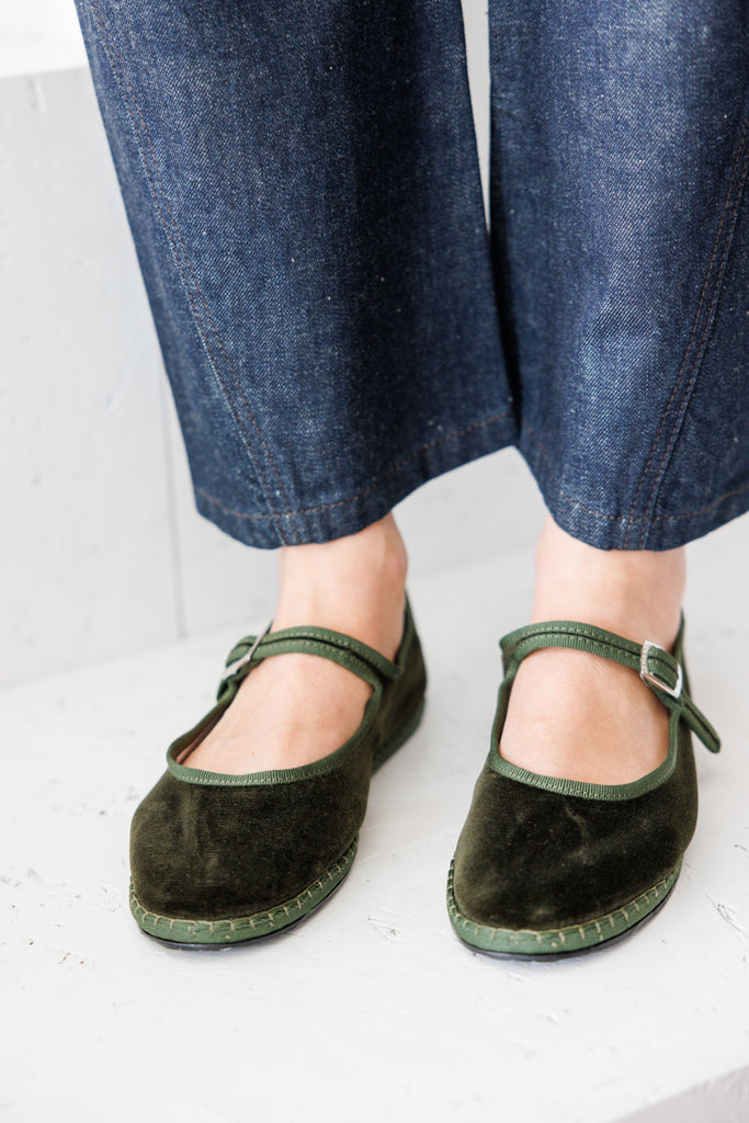 Velvet Mary Jane Slippers - Olive