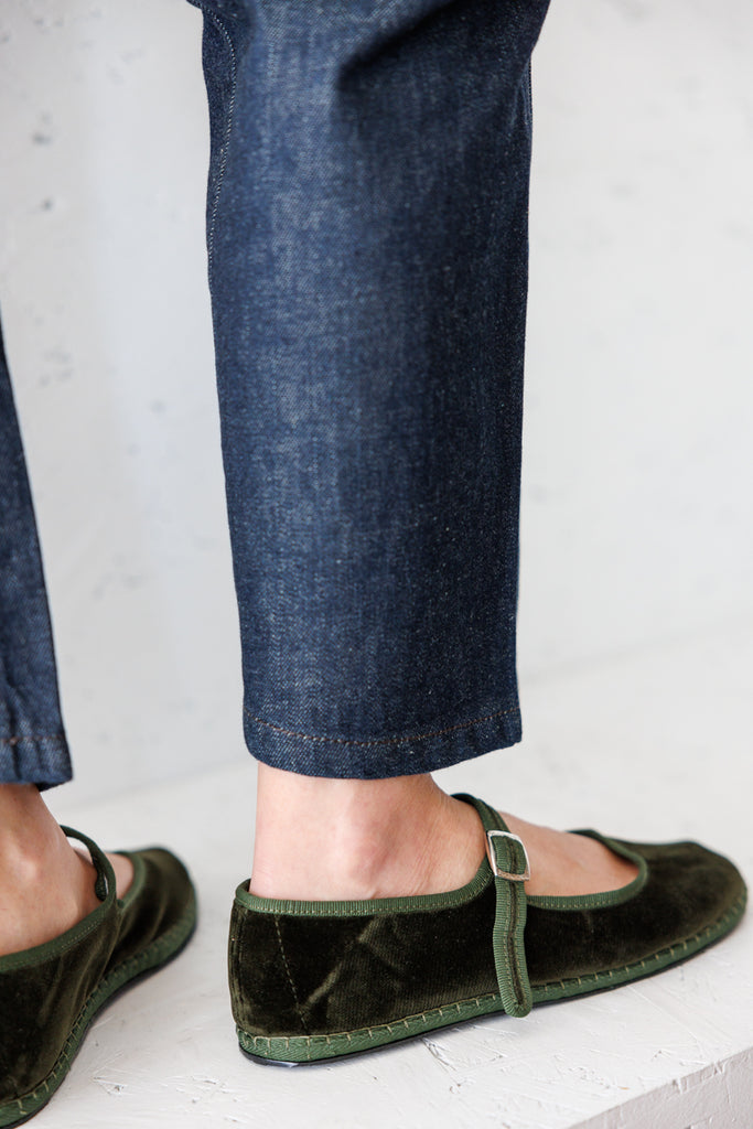 Velvet Mary Jane Slippers - Olive