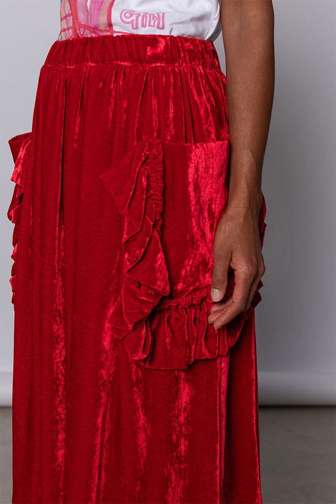 Velvet Ruffled Pocket Skirt - Red